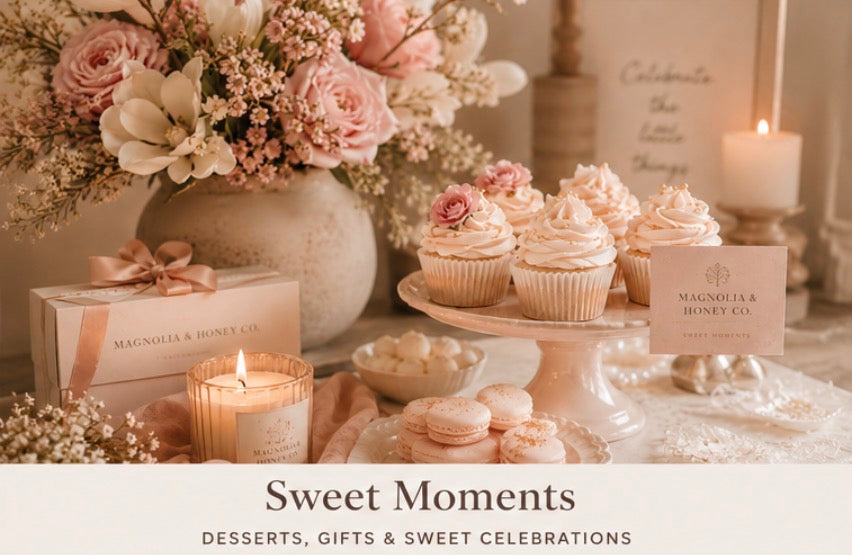 Soft blush luxury dessert display with cupcakes, candles, florals, and Magnolia & Honey Co. branding for Sweet Moments collection.
