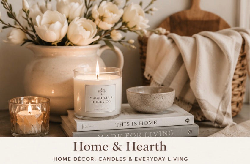 Cozy southern-inspired home décor, candles, kitchen pieces, and gathered living essentials.