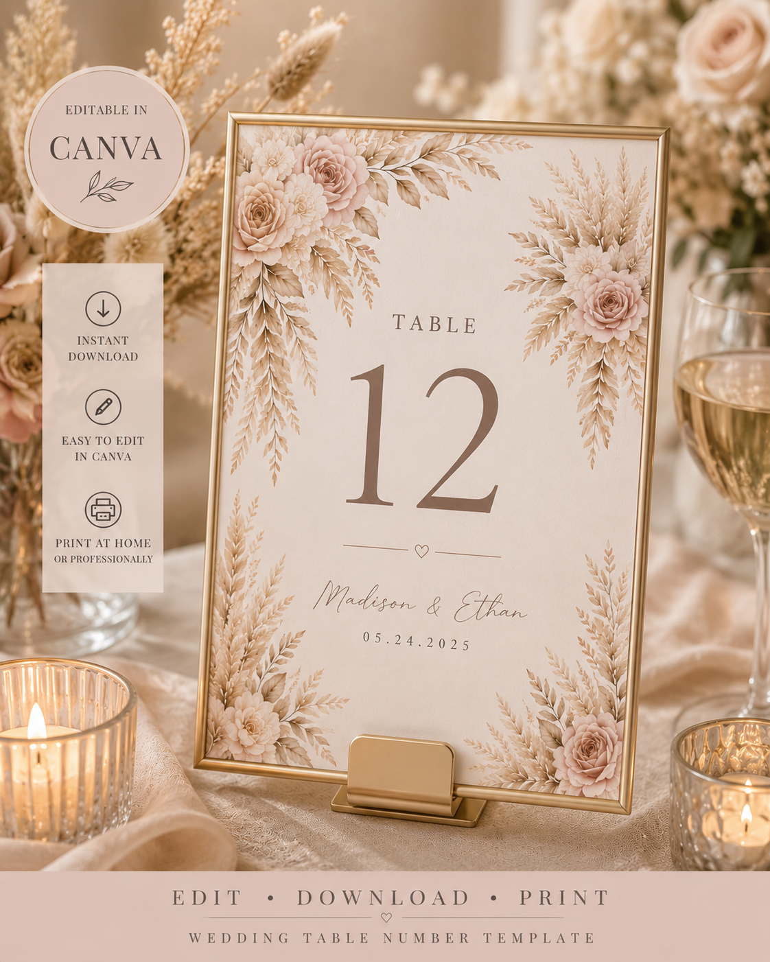 Blush Boho Wedding Table Number Template