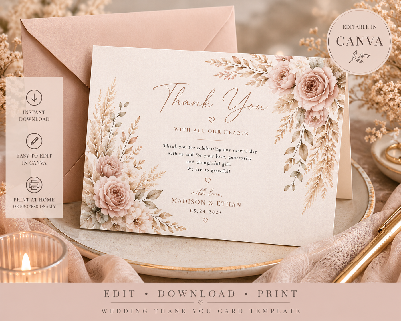 Blush Boho Wedding Thank You Card Template