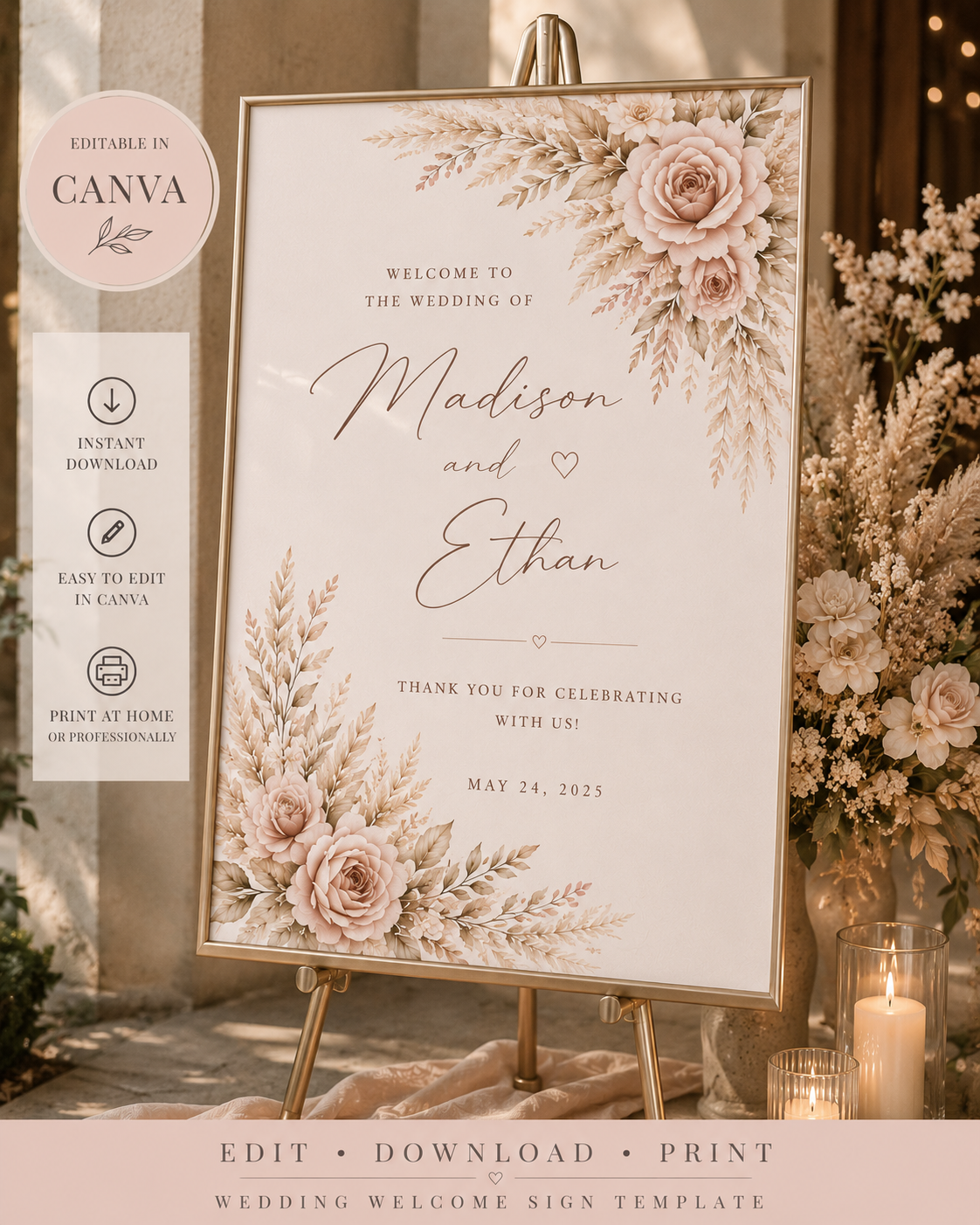 Blush Boho Wedding Welcome Sign Template