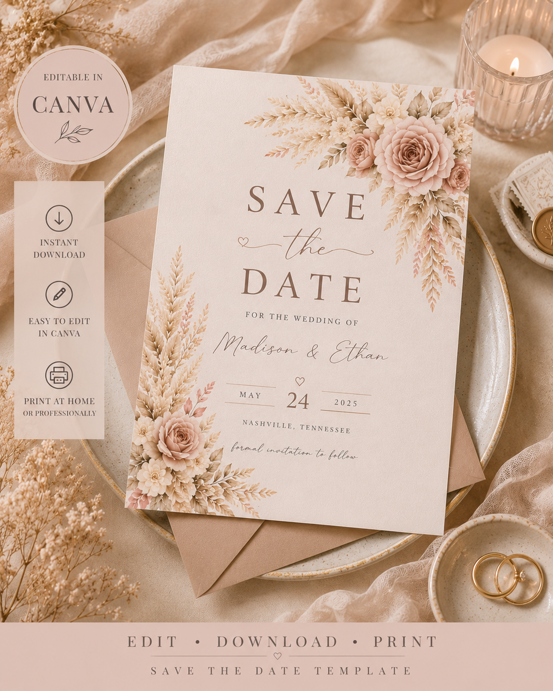 Blush Boho Wedding Save the Date Template