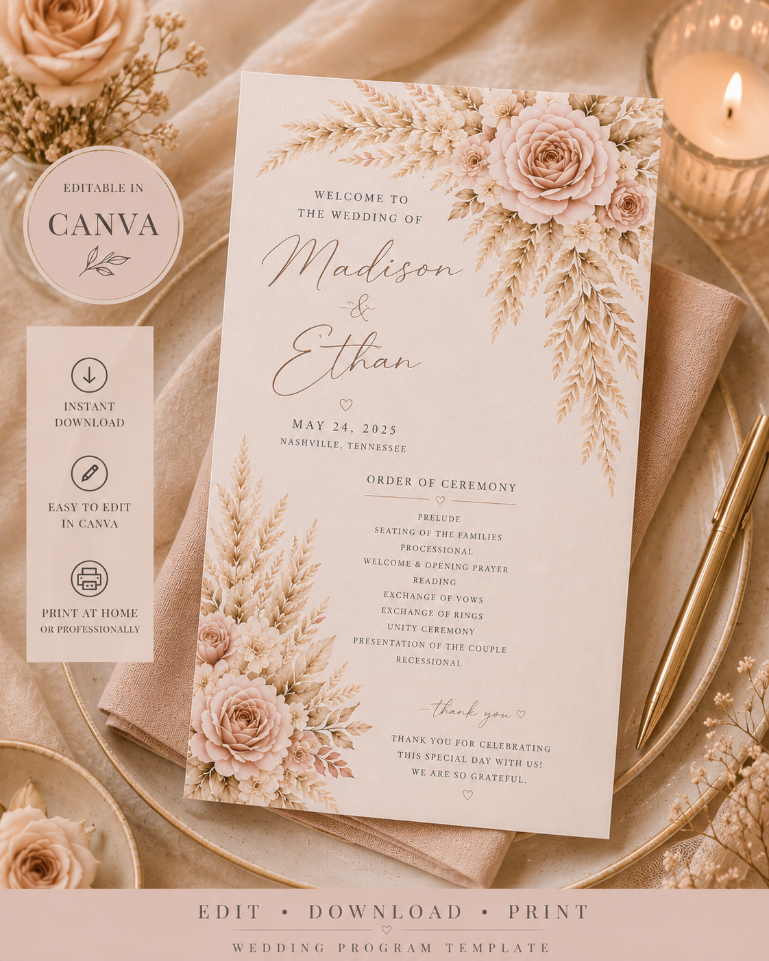 Blush Boho Wedding Program Template