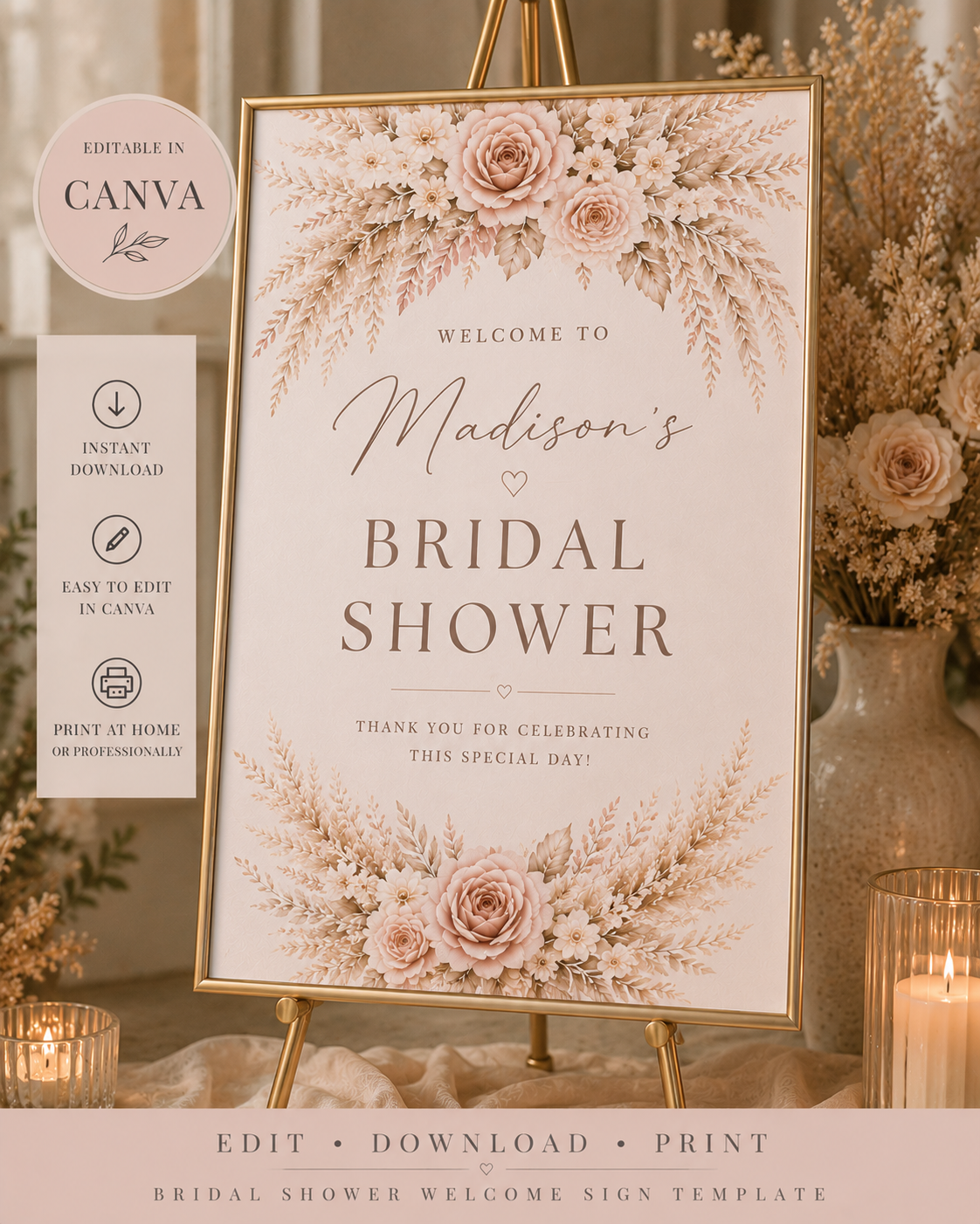 Blush Boho Bridal Shower Welcome Sign Template
