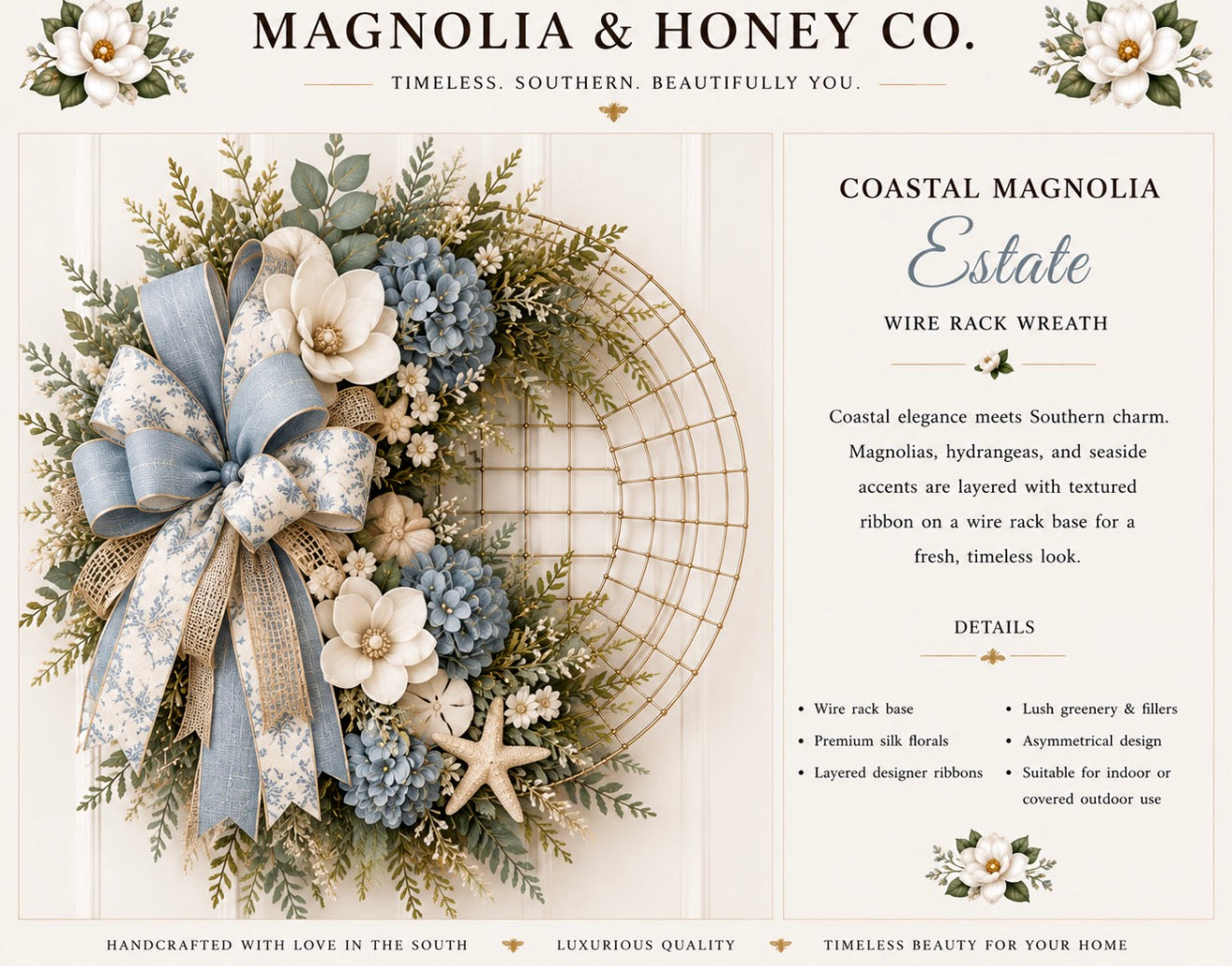 Coastal Magnolia Estate Wire Rack Wreath
